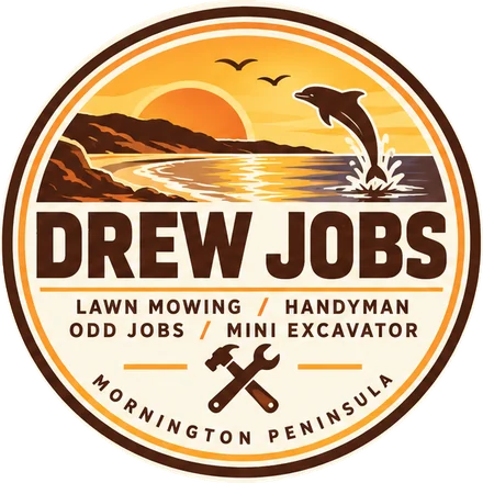 Drew Jobs logo: a sunset over the bay with a dolphin, and the words Drew Jobs, lawn mowing, handyman, odd jobs, mini excavator, Mornington Peninsula